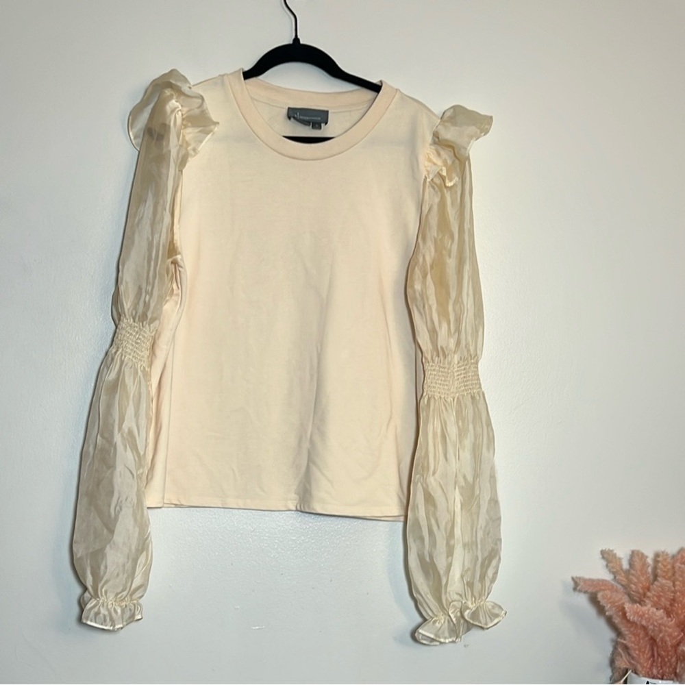 By Anthropologie Cream Ruffle Sheer Puff Long Sleeve Shirt XL